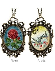 Antique Gold or Silver Tone Rose/Bird Oval Pendant Necklace-25 IN + 2 IN
