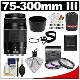 Canon EF 75-300mm f/4-5.6 III Zoom Lens + 3 UV/FLD/CPL Filters & Lens Hood & Pouch + Cleaning Kit for EOS 60D, 7D, 5D Mark II III, Rebel T3, T3i, T4i Digital SLR Cameras