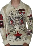 CHRISTAIN AUDIGIER Ed Hardy Mens Tattoo Crown Logo Star Long Sleeve Polo Shirt Tan