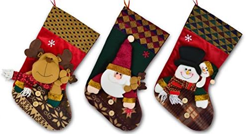 Elyhome Set of 3 Christmas Stockings 3D Stlye Handmade Plush 18 inches Santa Snowman Reindeer