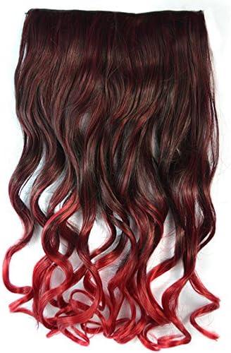 Wigico New Two Tone One Piece Long Curl/curly/wavy Synthetic Thick Hair Extensions Clip-on Hairpieces(black to wine red) //Fashion Sexy Two Tone Long Curl/curly/wavy Clip in Hair Extensions Pieces Wig Girls, black to wine red