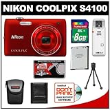 Nikon Coolpix S4100 14.0 MP Digital Camera (Red) with 8GB Card + Battery +  ....