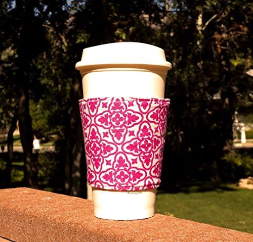 Fabric coffee cozy / cup sleeve / coffee sleeve / coffee cup holder -- Fuchsia Damask