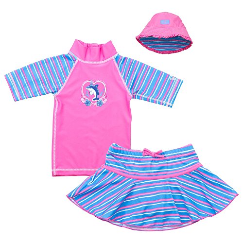 UV Skinz Girls' 3-piece Swim Set UPF 50+, 7, Pink Dolphin