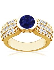 18K Yellow Gold Round Cut Blue Sapphire Ring With Sidestones