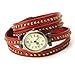 Fashion Rivet Weave Wrap Around Leather Retro Bracelet Woman Wrist Watch Dark Red