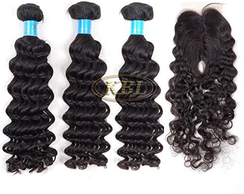 KBL® 7A 3 Bundles Brazilian Deep Wave Hair Extensions with Lace Closure Middle Part 4*2.5 150% Density Natural Black#1B (16"18"20" hair weft+10" lace closure)
