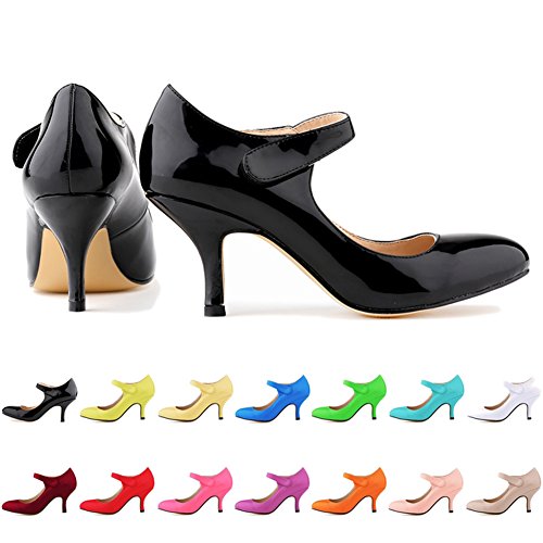 Loslandifen Ladies Mary Jane Mid Heels Casual Ankle Strap Work Pump Shoes