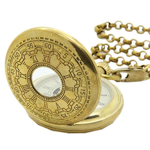 E-future Retro Pure Brass Unisex Roman Mechanical Hand Wind Chain Pocket Watch