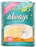 Always Always Ultra Thin Pads 38ct Overnight W/Flexi-Wings Unscented, 38.000 Count