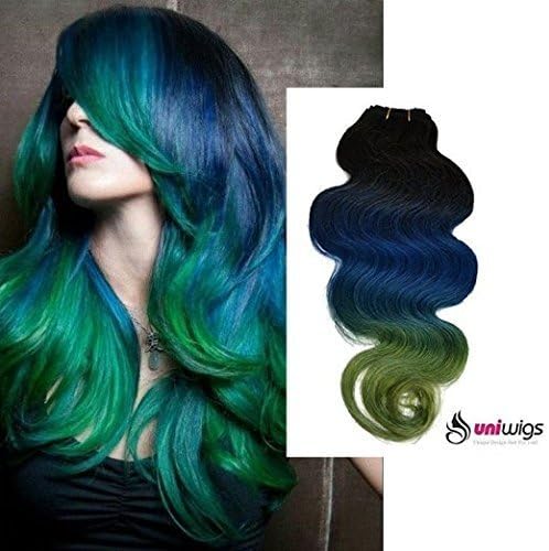 Uniwigs?100% Brazilian Remy Human Hair Weft Triple Ombre Color Body Wave Weave Extensions 100g per bundle T1B/Blue/Green (20") by Unwigs