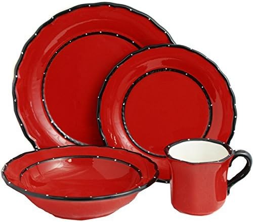 16 Piece Hand Painted Ceramic Dinner Set in Eye-Catching Vibrant Red, Set of 4 Luxurious Dinner Plates, Salad Plates, Bowls, Cups by Country French Collection
