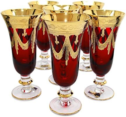 PromasterGifts Versace-inspired 6pc Vintage Italian-made Red Crystal Champagne Flute Set, 24K Gold-plated HANDMADE