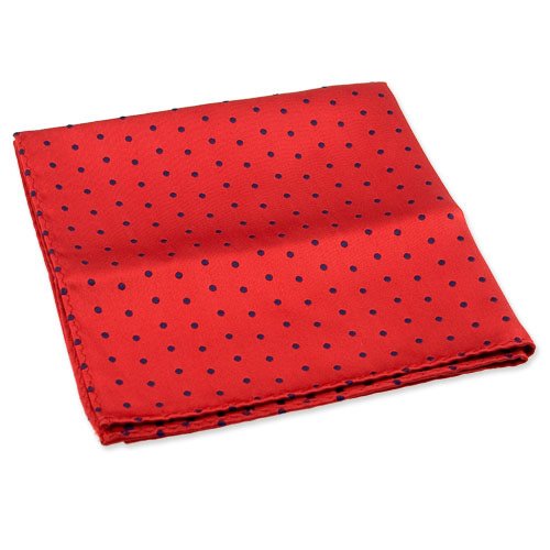 Men's Silk Polka Dot Pocket Square by Principessa in Red with Navy Dots