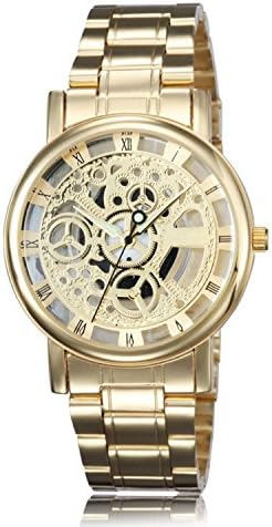 Sinyulin Fashion Casual Stainless Steel Men Skeleton Watch Women Dress Wristwatch Gold