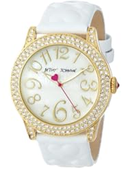 Betsey Johnson Womens BJ00273-02 Crystal Set Case and White Heart Embossed Strap Watch