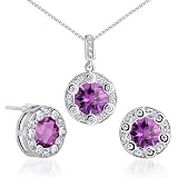 European Style 6.25 carats Round Checkerboard Shape Amethyst Pendant Earrings Set in Sterling Silver Rhodium Finish