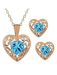 2.15 Ct Heart Shape Swiss Blue Topaz Gold Plated Silver Pendant Earrings Set