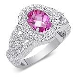 Luxurious Oval Shape Checker Board Created Pink Sapphire & White CZ Size 9 Gemstone Ring in Sterling Silver