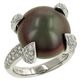 Taihtian Pearl Ring with Pave Diamond Prongs 1.02cttw