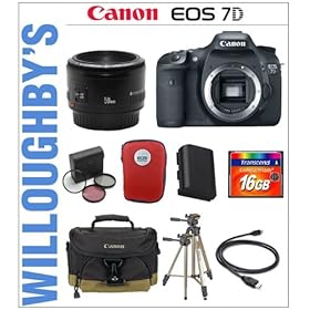 Canon EOS 7D 18 MP CMOS Digital SLR Camera Body with Canon EF 50mm f/1.8 II Lens + Transcend 16GB 133x CompactFlash Memory Card + Professional Tripod + Spare LP-E6 Battery + Canon Deluxe Gadget Bag + 3pc Muti-Coated Essential Filter Kit
