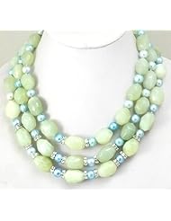 Candygem Large 16 to 18 Inch Triple Strand Simulated Green Jade & 9mm Baby Blue Freshwater Cultured Pearl Necklace From Nicolette Bermans Love of Nature Collection