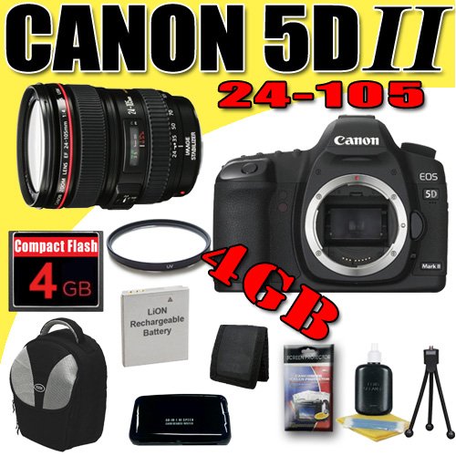 Canon EOS 5D Mark II 21.1MP Digital SLR Camera w/ EF 24-105mm f/4 L IS USM Lens DavisMAX LPE6 Battery UV 4GB deluxe BackPack Bundle