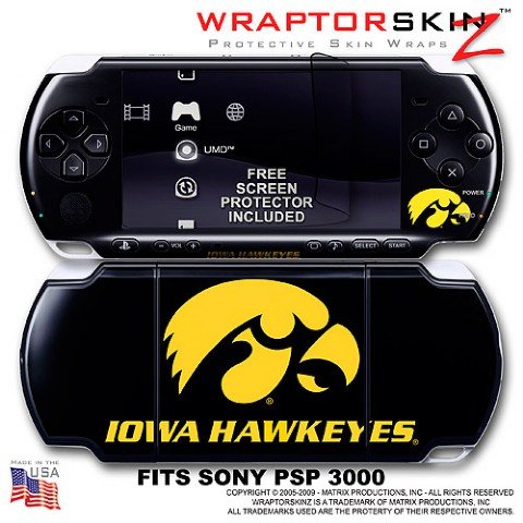 Iowa Hawkeyes Gold on Black WraptorSkinz Skin and Screen Protector Kit fits Sony PSP 3000