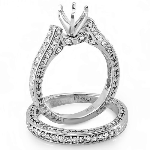 0.75 Carat (ctw) 14k White Gold Round Diamond Ladies Bridal Semi Mount Ring Engagement Set with Matching Band 3/4 CT Center not included