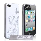 Bianco E Argento Farfalla Floreale Modello Duro Rigida Ibrido Custodia Per Apple iPhone 4 / 4S Siri Con Schermo Pellicola Protezionedi Yousave