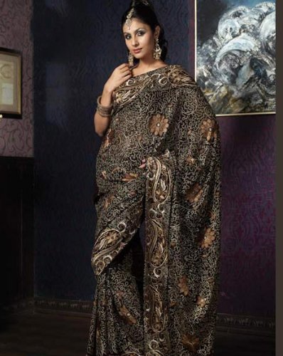 Traditional Black Faux Georgette Wrap Dress Saree Sari with Unstitched Blouse Traditional Black Faux Georgette Wrap Dress Saree Sari with Unstitched Blouse