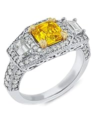 Gemesis Created Diamond, Vivid Fancy Yellow Orange, Renaissance Queen Anne W/Trapz, 18Kt W/G, Ring, 2.37 TCWT