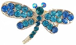 Hair Clip - H9 - Crystal Dragonfly - Med Size (1-5/8"x 1") - Alligator Clip Style ~ Aqua and Blue Zircon on Goldtone Metal