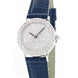 Diamond Watch 14K, Womens Iced Out Watch with Pave Set Diamonds Blue Leather Band