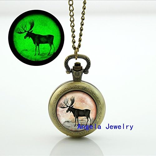 Pretty Lee Fashion Moose Glowing Pocket Watch Necklace Wild Animal Glass Jewelry Glowing Pendant Pocket Watch