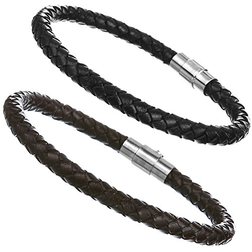 Areke Stainless Steel Braided Leather Bracelet For Mens Womens,Rope Bangle Magnetic Clasp,7.5-8.5 Inch Style 2 Pcs-8.5 IN