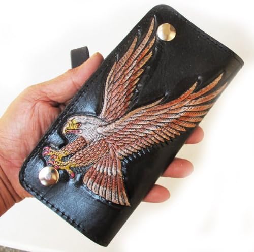 GENUINE COWHIDE LEATHER BIFOLD CLUTCH WALLET WITH CHAIN AND CLOSED SNAP
