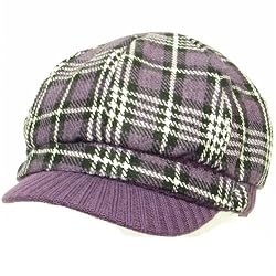 Wool Square Plaid Ribbed Knit Newsboy Cap Hat Purple