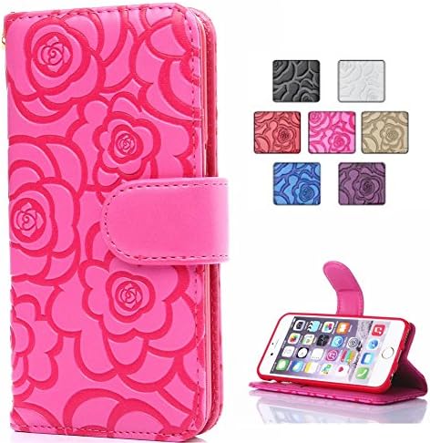 IPhone 6s Plus Case, Premium Vintage 3D Emboss Flower Flip Wallet Shell PU Leather Magnetic Cover Skin with Detachable Wrist Strap Case for iPhone 6/6s Plus 5.5 Inch (Rose)