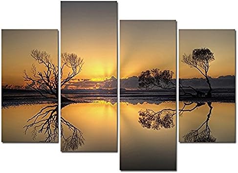 Fitting You Sunset Scenery Canvas Painting for Home Office Decoration 4 Pannel Lake Canvas Print for Wall Modern Winter Lscape Posters Tree Reflection Picture Giclee Print on Canvas