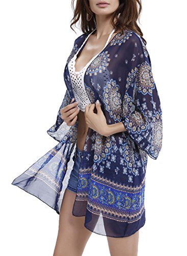 Singlelady Women's Beachwear Cover-ups Tunic Chiffon Geometry Print Kimono Cardigan