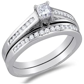 Size 4 - 10K White Gold Diamond Classic Traditional Ladies Bridal Engagement Ring with Matching Wedding Band Two 2 Ring Set - Solitaire Setting w/ Channel Invisible Set Princess Cut &amp; Round Diamonds - (1/2 cttw, G - H Color, SI2 Clarity): Sonia Jewels: Jewelry