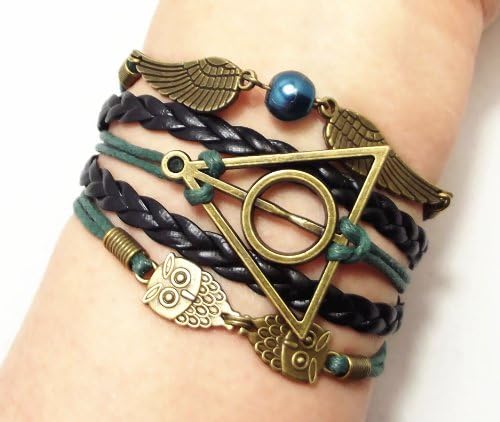 Made in USA B-129 Army Green and Black Double Owls, Infinity Snitch Wings & Deathly Hallows Harry Potter Dark Brown Bracelet