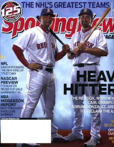 Sporting News February 14 2011 Has 2 covers - outside ad cover has Steven Wallace/Nascar & inside cover has Carl Crawford & Adrian Gonzalez/Boston Red Sox, Nascar Preview, Rebuilding New York Mets, NBA Report, Aaron Rodgers/Green Bay Packers