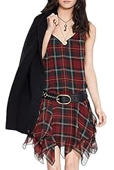 Sleeveless Plaid Print Chiffon/Polyester Pleated Asymmetric Fitted Midi Dress 