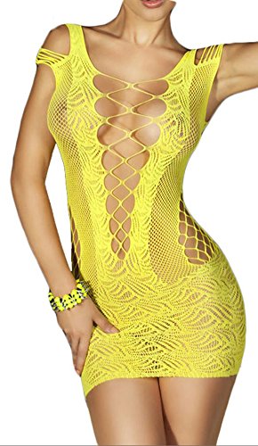 made2envy Crotchet Mesh Hollow Out Mini Chemise Dress (One Size, Yellow) LC21440Y