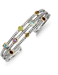 Genuine Sterling Silver & 14K 1 .7 4 Tw Gemstone Cuff Bracelet 3 0 .9 Grams Of Gold