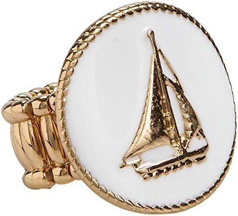 Nautical White Circular Sailboat Charm Goldtone Stretch Ring (White Sailboat)