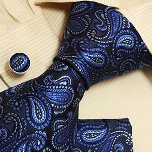 Blue Paisleys Men with Ties Hanky Cufflinks Set Designer Inspired Navy Neckties Set with...
