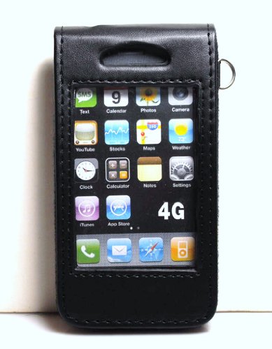 See - Through Black Leather Folio Flip Case / Pouch with Clip + Screen Protector for Apple iPhone 4th Gen Generation 4G